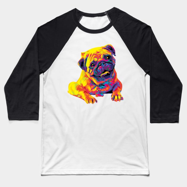 Rainbow Pug Smiling Painting Baseball T-Shirt by polliadesign